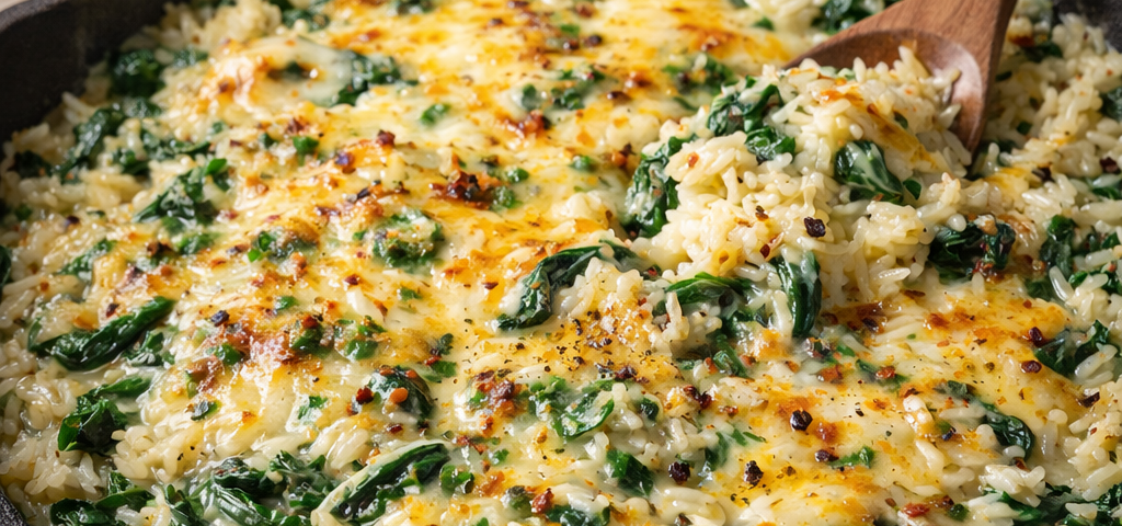 Cheesy spinach rice skillet