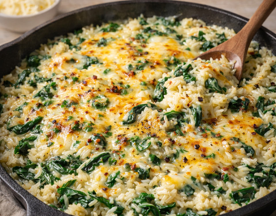 Cheesy spinach rice skillet
